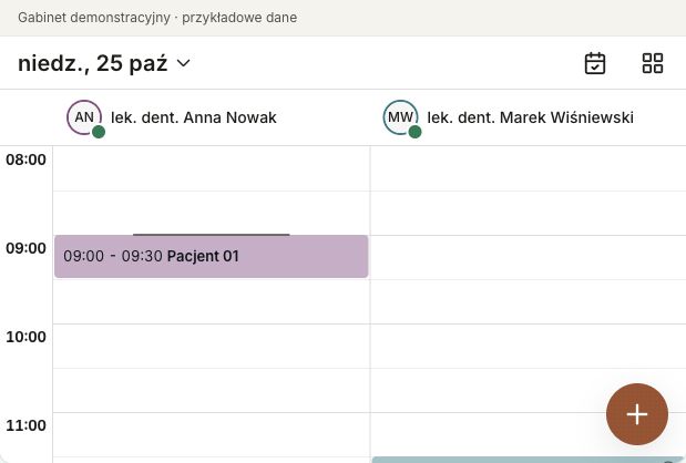 Kalendarz gabinetu w prawdziwym interfejsie Bookito Dental. Dane przykładowe.