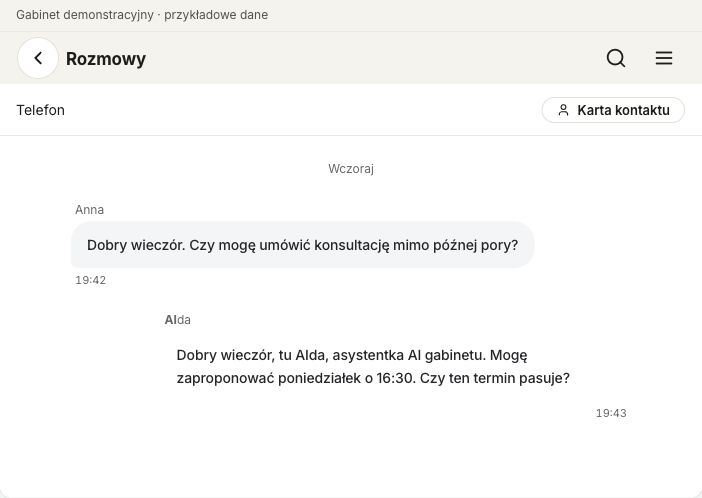 Rozmowy z pacjentami w prawdziwym interfejsie Bookito Dental. Dane przykładowe.
