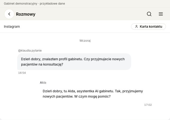 Rozmowy z pacjentami w prawdziwym interfejsie Bookito Dental. Dane przykładowe.